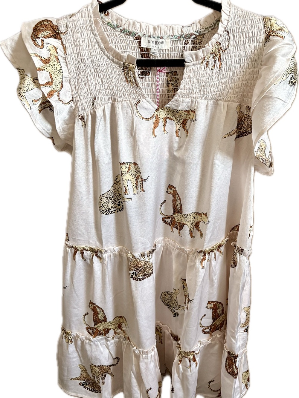 Umgee Cream Leopard Print Ruffle Sleeve Dress